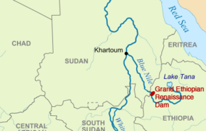 Proyecto de construcción de la Grand Ethiopian Renaissance Dam (GERD) . Mapa: Wikimedia Commons / Yale Environment 360.