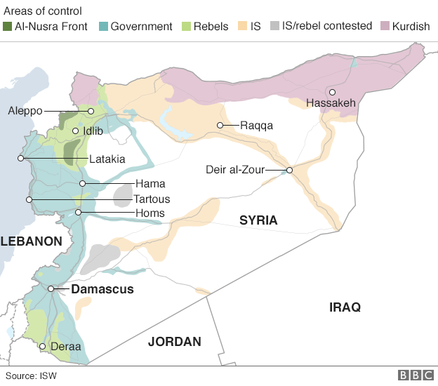 Mapa sobre el control del territorio en la guerra en Siria (23/2/2016). Créditos: ISW-BBC.