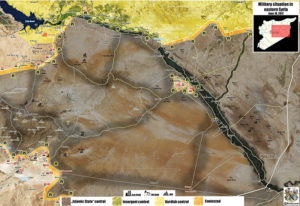 Situaci&oacute;n militar en el sur-este de Siria, incluyendo las ciudades de Deir Ezzor, Palmira y Raqa (junio 2017). Mapa v&iacute;a Peto Lucem (@PetoLucem).
